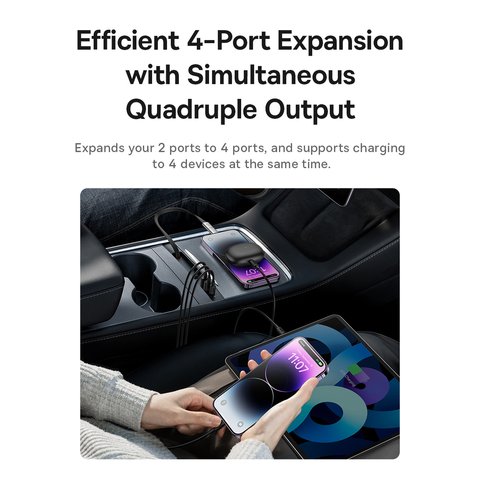Автомобильное зарядное устройство Baseus T-Space HUB for Tesla, черное, серое, Quick Charge, c кабелем, 45 Вт, 3 порта, 12-24 B, #B00051300111-00 Превью 5