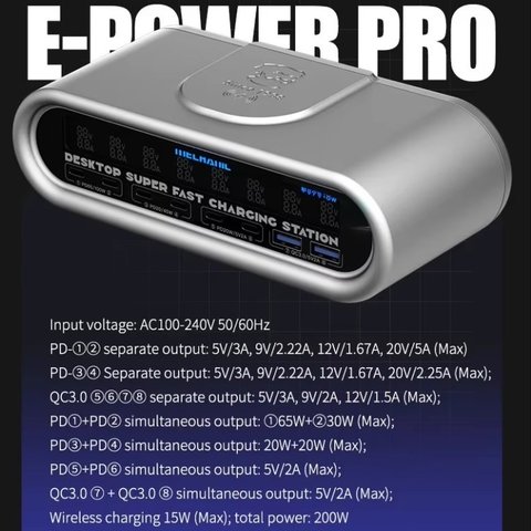 Мережевий зарядний пристрій Mechanic E-Power Pro, 200 Вт, Quick Charge, Power Delivery (PD), з безпровідною зарядкою, 8 портів Прев'ю 1