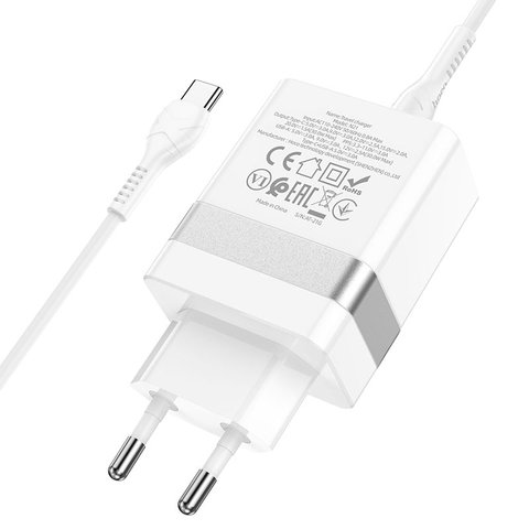 Мережевий зарядний пристрій Hoco N21, 30 Вт, Power Delivery (PD), білий, з кабелем USB тип-C до USB тип-C, 2 порта, #6931474757791 Прев'ю 3